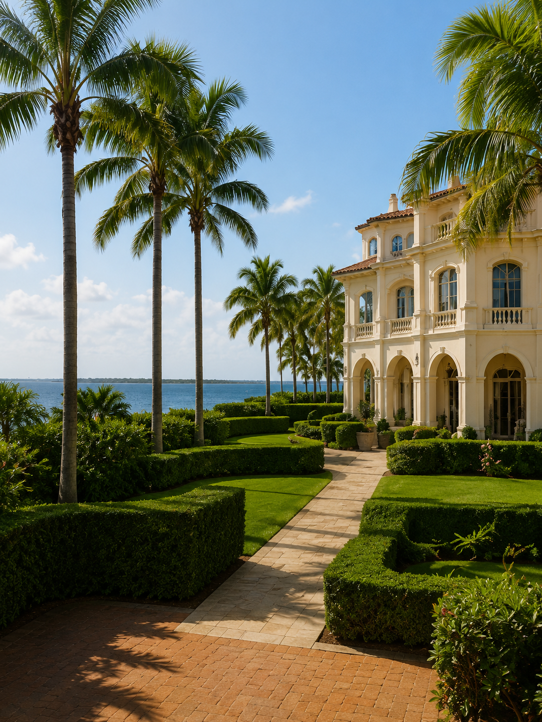 Palm Beach estate surrounded by tropical landscaping