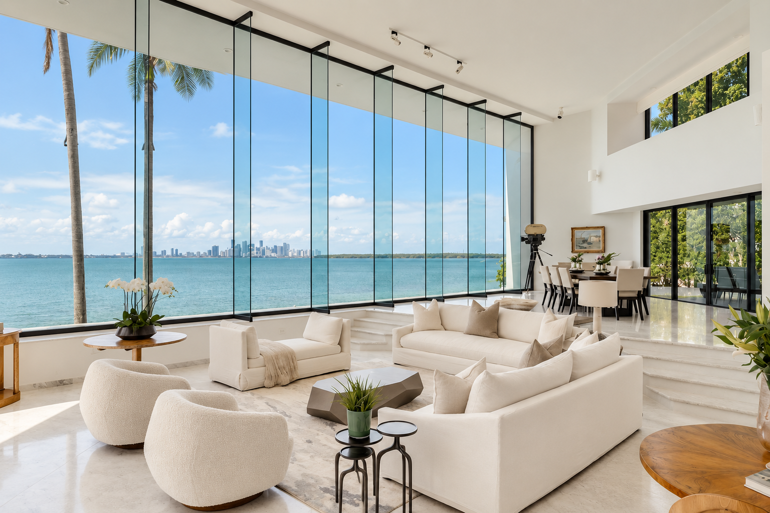 Modern waterfront home interior with ocean views